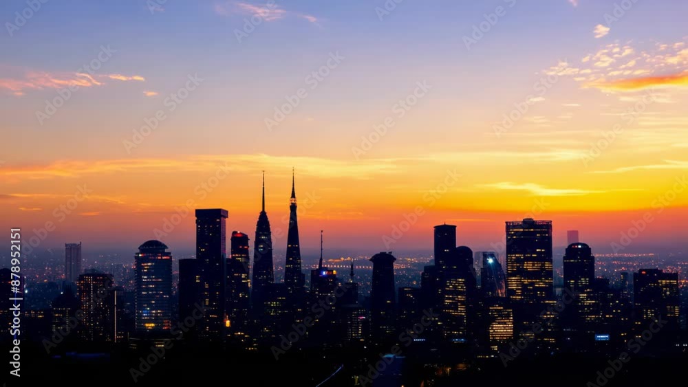 Majestic city skyline silhouetted against a radiant sunset sky. Towering skyscrapers and iconic structures create a dramatic urban panorama, bathed in warm golden light as day transitions to night. Majestic city skyline silhouetted against a radiant sunset sky. Towering skyscrapers and iconic structures create a dramatic urban panorama, bathed in warm golden light as day transitions to night.