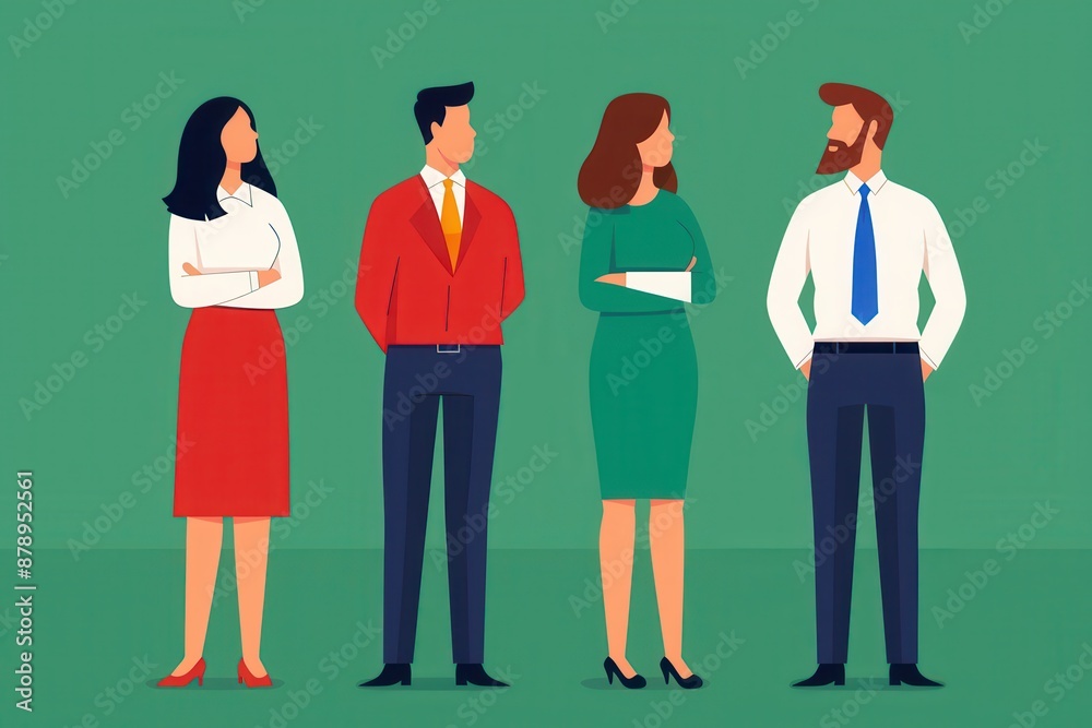 Fototapeta premium Illustration of a diverse group of business professionals standing in a line, showcasing teamwork and corporate diversity.