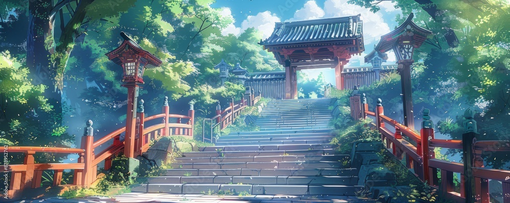 Fototapeta premium 寺院に続く階段は日本のアニメスタイルで描かれた