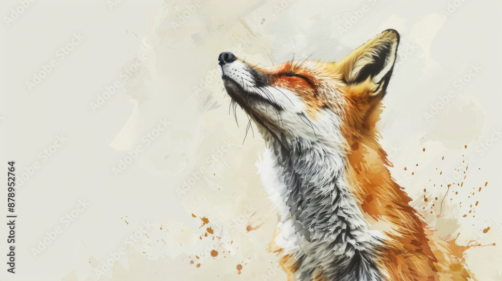 Obraz premium A digital painting of a fox looking upward with a content expression, set against a clean background with subtle watercolor splashes. The fox's fur is detailed, showing shades of orange and white.