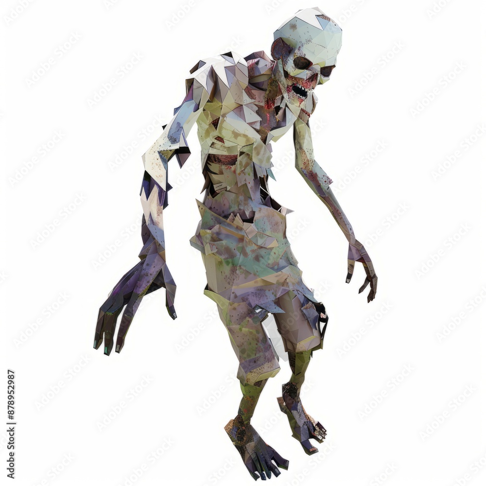 3D Render, Low Poly style of a zombie with tattered clothes and missing limbs, on isolated white background, Generative AI 3D Render, Low Poly style of a zombie with tattered clothes and missing limbs, on isolated white background, Generative AI