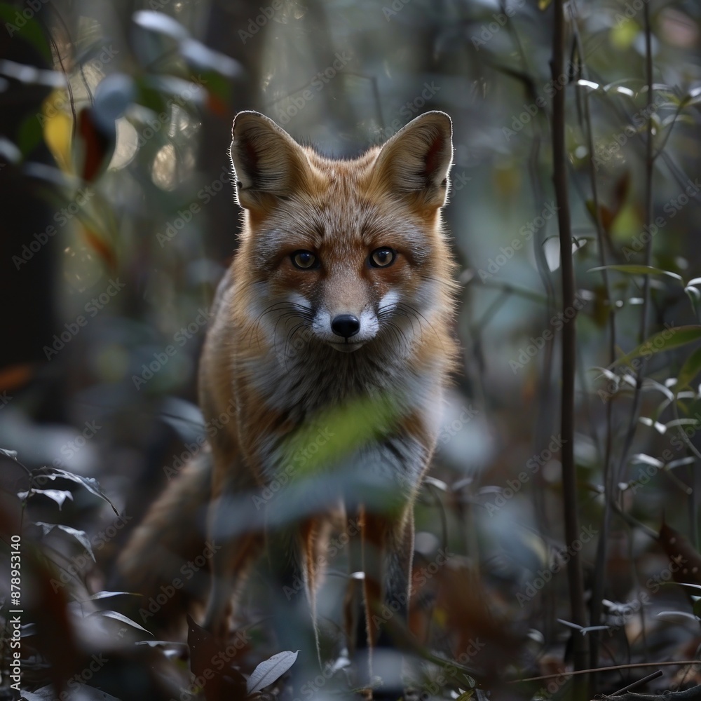 Fototapeta premium A sneaky fox prowling through the forest, its eyes gleaming in the darkness and its tail held low By Generated AI