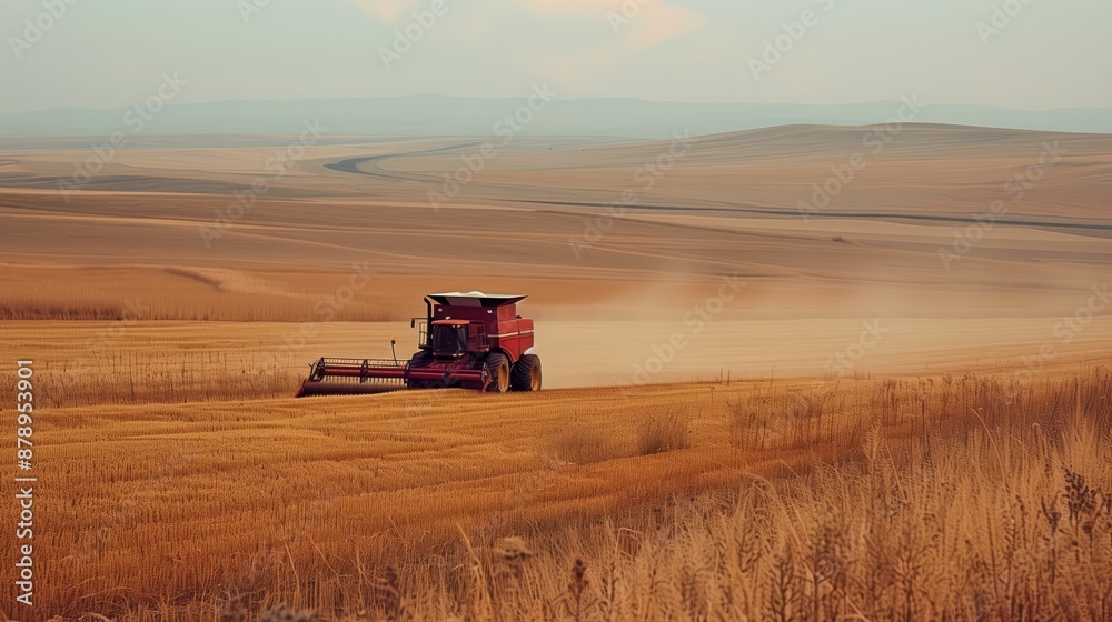 Fototapeta premium Red combine harvester working in a golden wheat field under a clear sky, capturing the essence of rural agriculture and harvest.