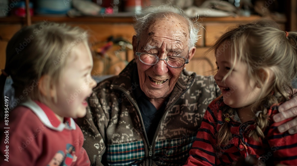 An ultra-sharp photograph of a grandfather enjoying a hearty laugh while telling a story to his grandchildren, the warmth and joy evident in every detail of the scene An ultra-sharp photograph of a grandfather enjoying a hearty laugh while telling a story to his grandchildren, the warmth and joy evident in every detail of the scene