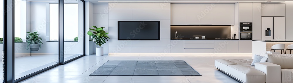 A futuristic home interior with smart technology and sustainable living solutions