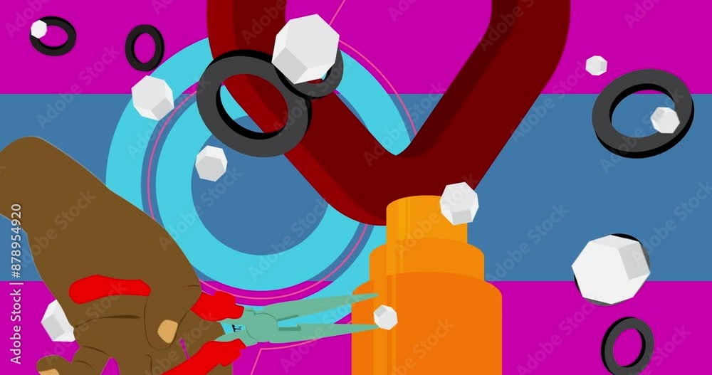 Pliers geometrical graphic retro Work Tool theme background video. Minimal geometric elements animation. Vintage abstract shapes illustration for advertising.