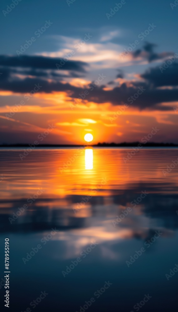 Fototapeta premium Stunning sunset over calm lake with vibrant colors reflecting in the water, creating a serene and peaceful landscape scene.