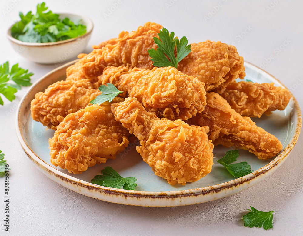 Crispy golden fried chicken wings on a plate, garnished with parsley