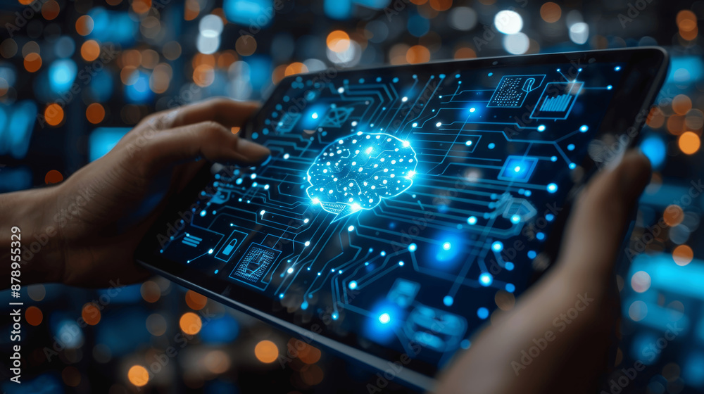 Man Using Tablet with Digital Brain Interface and AI Technology Working Online with Smartphone Blue Background Big Data Network Innovation Business Future Concept Man Using Tablet with Digital Brain Interface and AI Technology Working Online with Smartphone Blue Background Big Data Network Innovation Business Future Concept