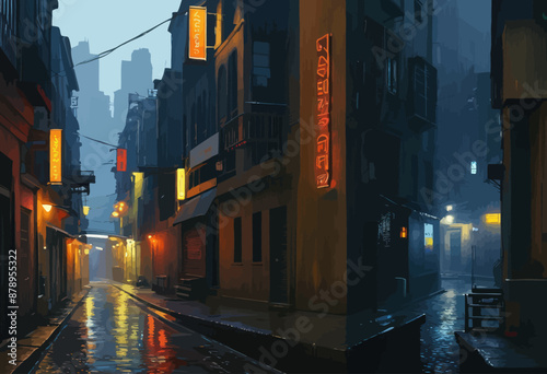 Nighttime in a Rainy City Alley: A Neon-Lit Urban Oasis