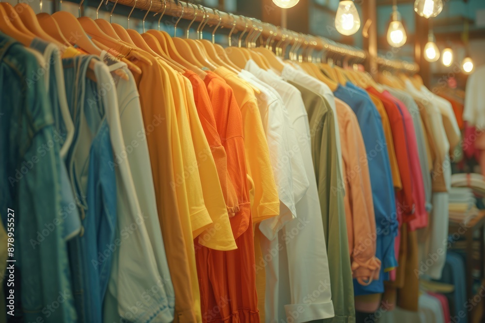 The hangers in the clothing store are covered with short sleeves The hangers in the clothing store are covered with short sleeves