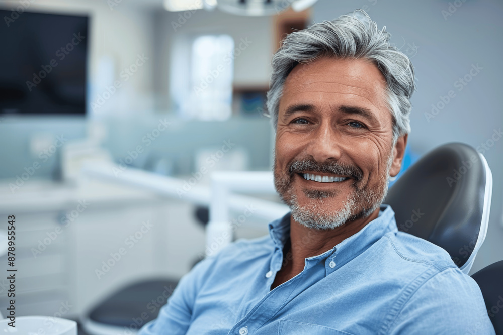 a happy middle aged man in blue shirt at a bright dentist office relaxed in the orthodontic dental chair smiling while getting teeth cleaned and repaired a happy middle aged man in blue shirt at a bright dentist office relaxed in the orthodontic dental chair smiling while getting teeth cleaned and repaired