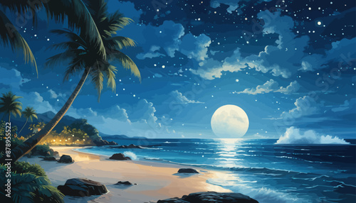 Moonlit Tropical Beach at Dusk: A Dreamy Ocean Scene with Palm Trees and a Full Moon