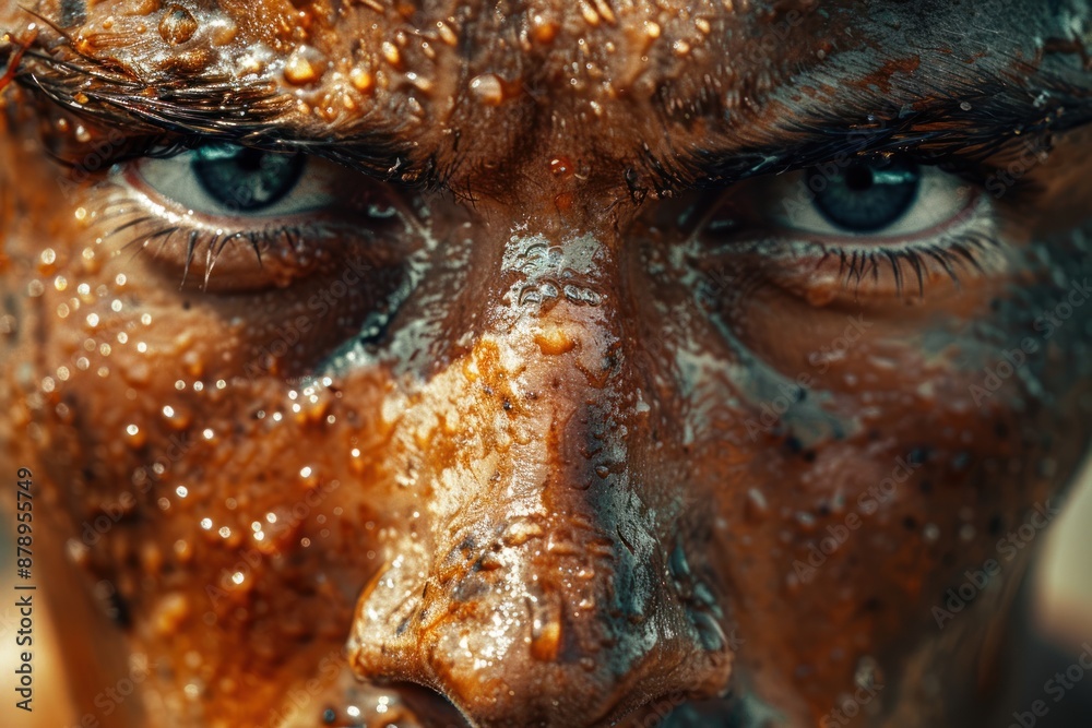 Close-up of a determined face covered in sweat, intense focus in the eyes, highlighting resilience and effort Close-up of a determined face covered in sweat, intense focus in the eyes, highlighting resilience and effort