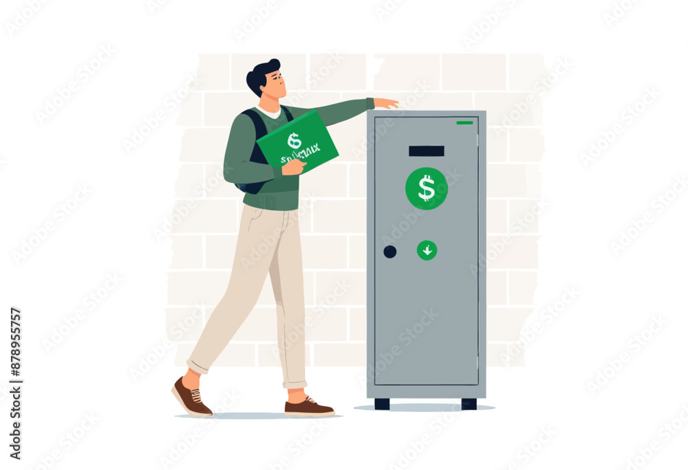 Man with Backpack and Green Envelope, Standing in Front of Gray ATM with Green Logo and $ Symbol Man with Backpack and Green Envelope, Standing in Front of Gray ATM with Green Logo and $ Symbol