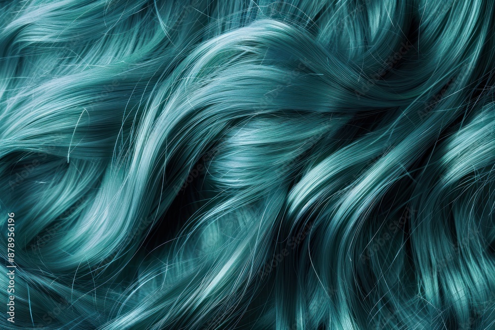 Closeup of smooth and shiny teal hair texture