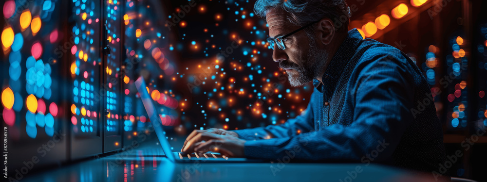 Computer Engineer Using Laptop in Modern Data Center with Servers and AI Technology for IT Support and Cybersecurity Computer Engineer Using Laptop in Modern Data Center with Servers and AI Technology for IT Support and Cybersecurity