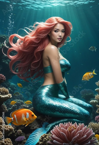 illustration of a woman dressed as mermaid in unterwater world photo