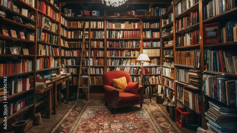 A home library with floor-to-ceiling bookshelves, a comfy armchair, and a reading lamp, perfect for book lovers. A home library with floor-to-ceiling bookshelves, a comfy armchair, and a reading lamp, perfect for book lovers.