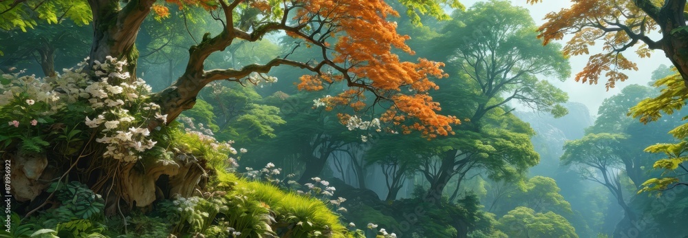 Fototapeta premium Misty Forest Landscape with Orange and Green Trees.