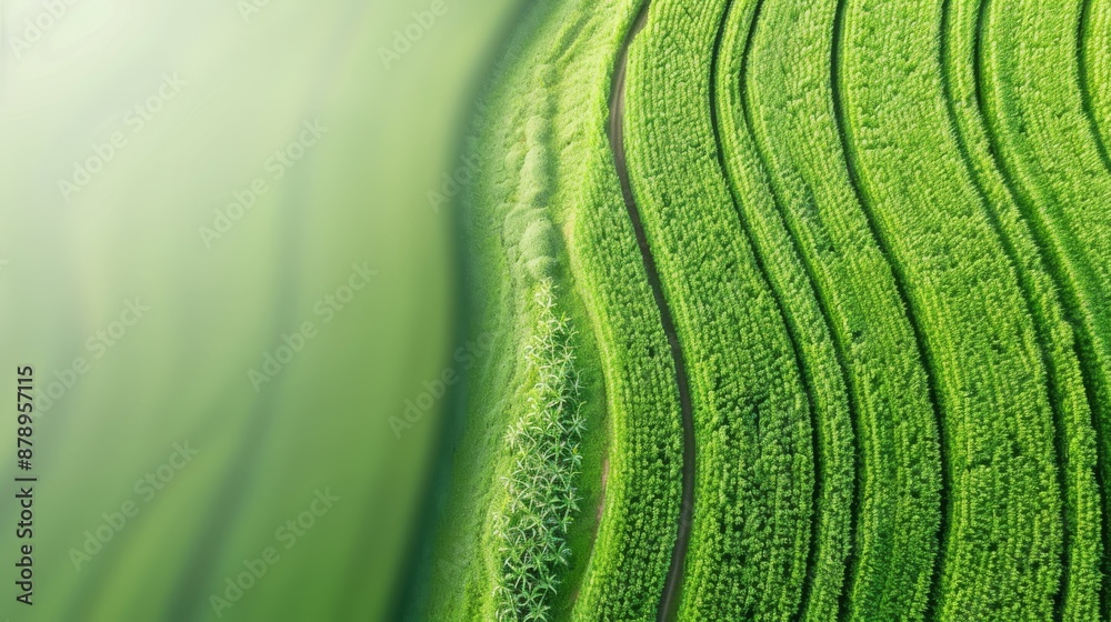 Fototapeta premium Aerial view of lush green terraced fields on a hillside, showcasing intricate patterns and vibrant landscape in natural light.