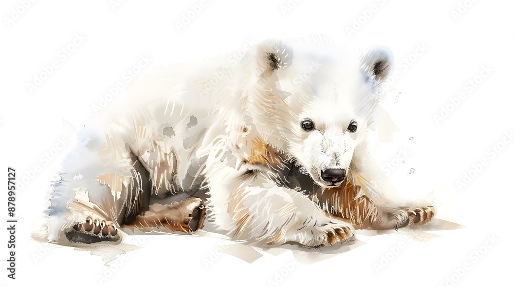 Fototapeta premium A baby polar bear is running through the snow. The bear is small and fluffy, and it is enjoying itself as it runs. The scene is peaceful and serene, with the snow providing a soft