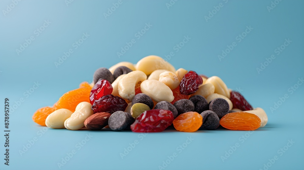 Trail Mix: A blend of nuts, seeds, dried fruits, and chocolate chips, arranged on a solid background, emphasizing the crunchy texture, Trail Mix: A blend of nuts, seeds, dried fruits, and chocolate chips, arranged on a solid background, emphasizing the crunchy texture,