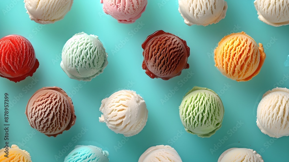 Ice Cream: Scoops of ice cream in various flavors, such as vanilla, chocolate, strawberry, and mint chocolate chip, arranged on a solid background. Ice Cream: Scoops of ice cream in various flavors, such as vanilla, chocolate, strawberry, and mint chocolate chip, arranged on a solid background.