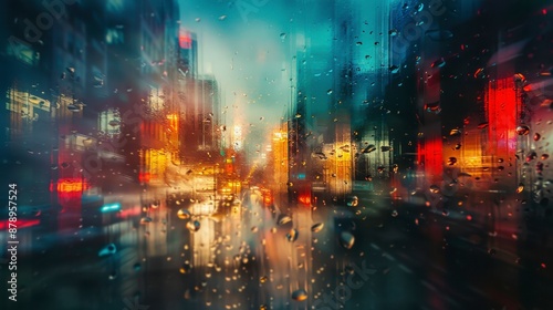 Rain falls on a city street at night, seen through a window