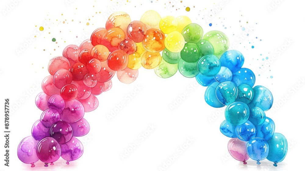 An arch composed of many balloons and watercolor paintings
