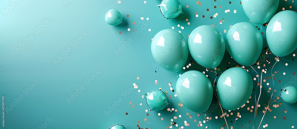 Turquoise green minimalistic background with balloons and confetti, copy space for text on the right side of the frame, top view.