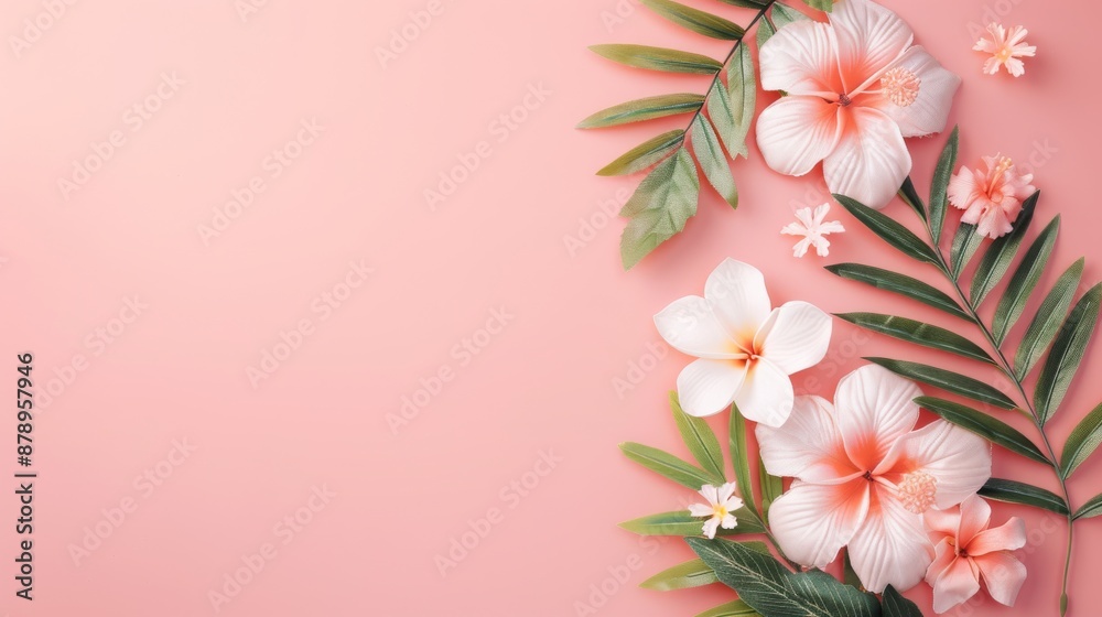 Fototapeta premium Beautiful pink and white tropical flowers with green leaves arranged on a soft pink background. Perfect for nature, floral, and botanical themes.