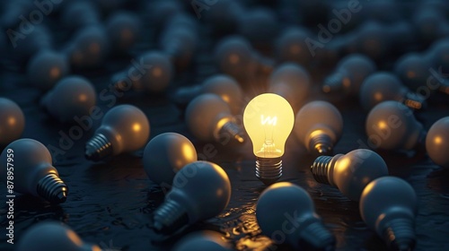 Single Glowing Lightbulb, Idea Concept