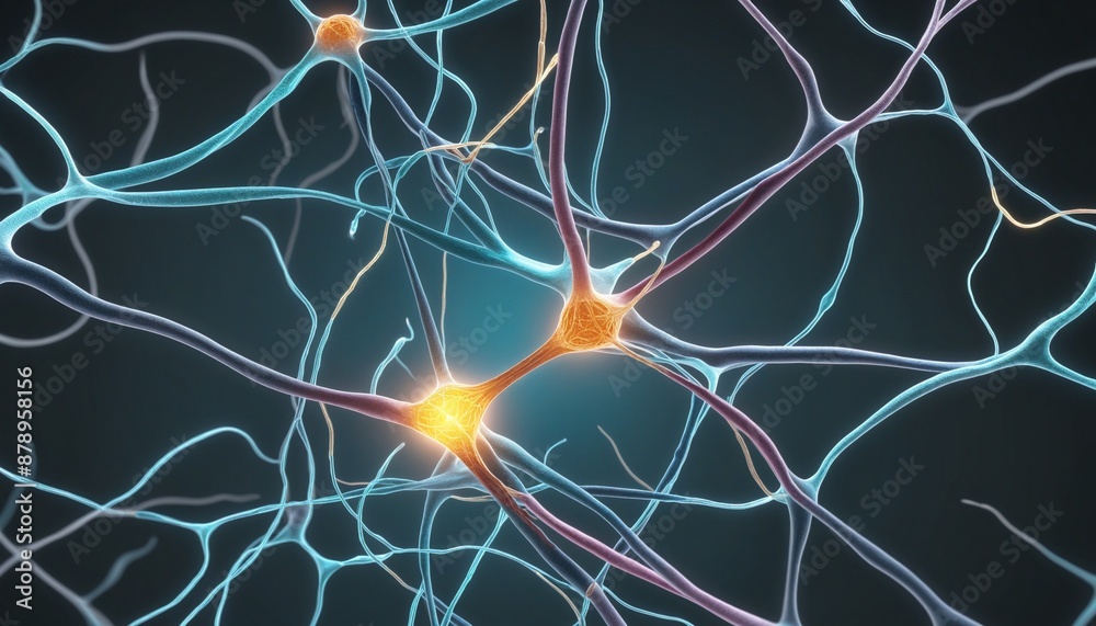 Illustration of neuron cells with glowing link knots Illustration of neuron cells with glowing link knots