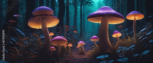 Neon Dreamlike Magic Mushroom Forest at Night