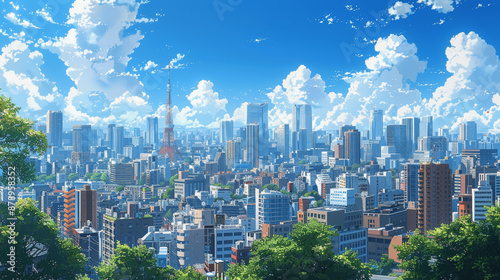 anime tokyo skyline background daytime blue sky buildings high resolution detailed cartoonish skyscrapers urban japanese city landscape