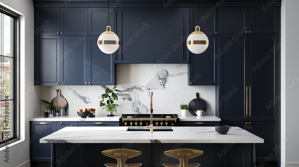 A kitchen with a bold color scheme, featuring navy blue cabinets, brass ...