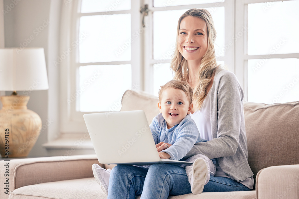 Portrait, remote work and mama with baby, laptop and smile with happiness, research and business owner. Family, single parent and woman with kid, pc and project with internet, house or freelance Portrait, remote work and mama with baby, laptop and smile with happiness, research and business owner. Family, single parent and woman with kid, pc and project with internet, house or freelance
