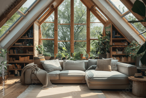 Attic Living Room with Large Skylights and Wooden Shelves Filled with Books and Plants, Natural Fabric Sofa, Rustic Coffee Table, Soft Daylight, Warm Atmosphere, Nature Outside, Minimalist Design