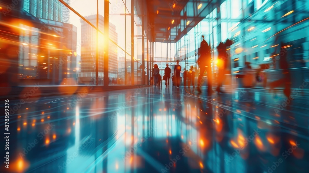 Obraz premium A vibrant image of a modern office building with glass walls, capturing the blurred motion of people during sunset.