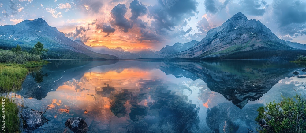 Naklejka premium Breathtaking panoramic view of a tranquil mountain lake at sunset, showcasing vibrant colors, dramatic clouds, and perfect reflections.