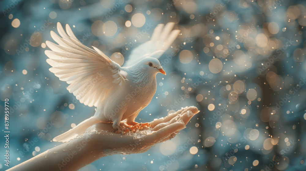 Fototapeta premium White Dove Flying on Open Hand of Woman against Blue Background with Bokeh Light Effect Concept of World Peace