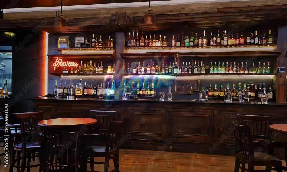 A neon 'Happy Hour' sign illuminating a rustic brick wall in a cozy bar setting (mov) A neon 'Happy Hour' sign illuminating a rustic brick wall in a cozy bar setting (mov)
