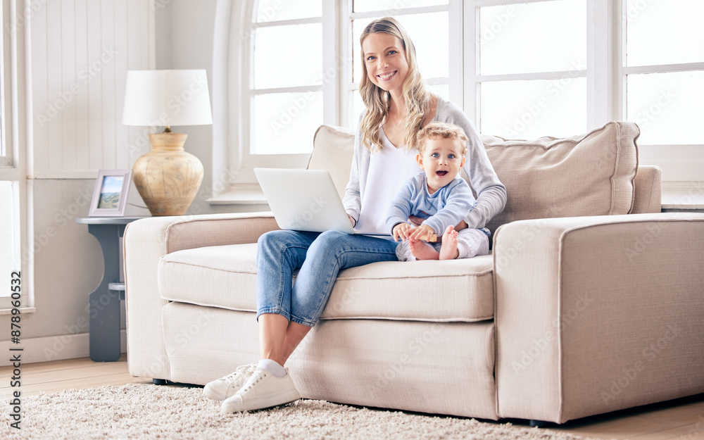 Portrait, remote work and mother with baby, laptop and smile with happiness, research and business owner. Family, single parent and mama with infant, pc and project with internet, home or empowerment Portrait, remote work and mother with baby, laptop and smile with happiness, research and business owner. Family, single parent and mama with infant, pc and project with internet, home or empowerment