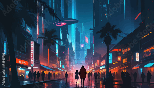 Cityscape at Night: A Vibrant Metropolis Illuminated by Lights and Neon Signs
