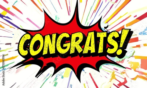 The word 'CONGRATS!' in bold, explosive comic book text appears against an abstract, colorful comic book background (mov)