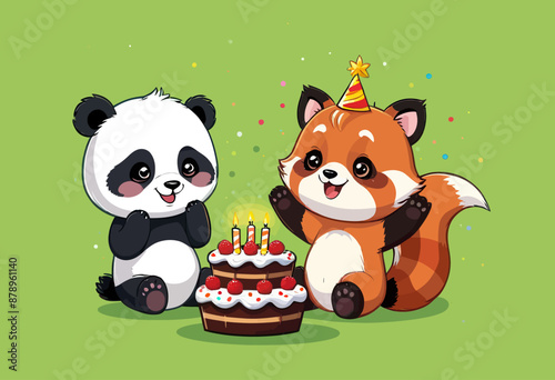 Celebrating with Cake: A Panda and Fox Duo's Birthday Bash