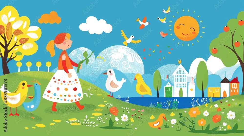 Naklejka premium Girl Walking in a Sunny Day