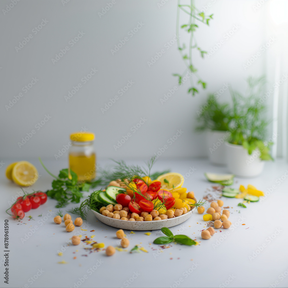 Aesthetic arrangement of canned chickpeas, cherry tomatoes, cucumber, yellow bell peppers, and lemon dill dressing on a clean minimal background, highlighting freshness and simplicity. Copy space. Aesthetic arrangement of canned chickpeas, cherry tomatoes, cucumber, yellow bell peppers, and lemon dill dressing on a clean minimal background, highlighting freshness and simplicity. Copy space.