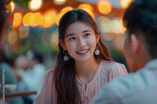 Smiling woman in outdoor evening conversation